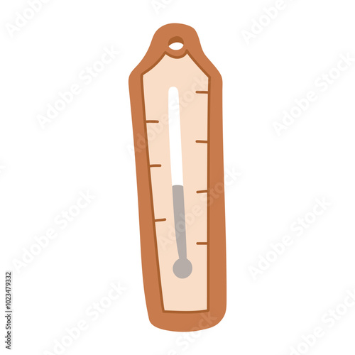 A colored flat thermometer icon for a Russian bathhouse, sauna, steam room. A thermometer hangs on the wall to track indoor degrees. Weather, degree flat illustration