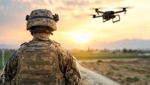 Soldier in Full Gear Walking Through the Field with Drone Flying Above Capturing Aerial View of Combat