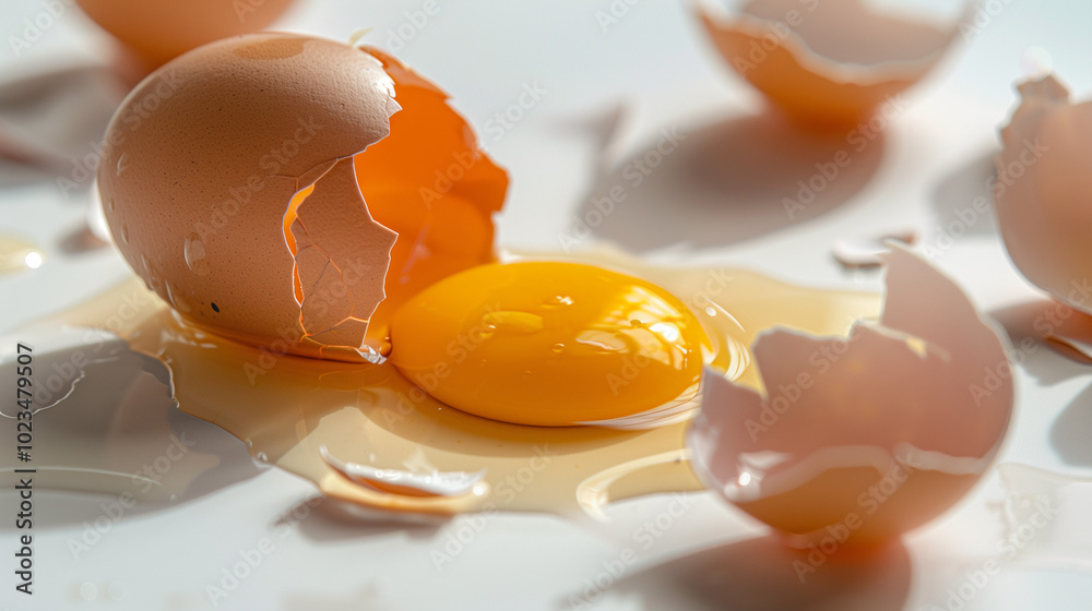 Cracked egg with yolk spilling out surrounded by empty eggshells, symbolizing food safety recall on clean white surface. Cracked egg with yolk spilling out surrounded by empty eggshells, symbolizing food safety recall on clean white surface.