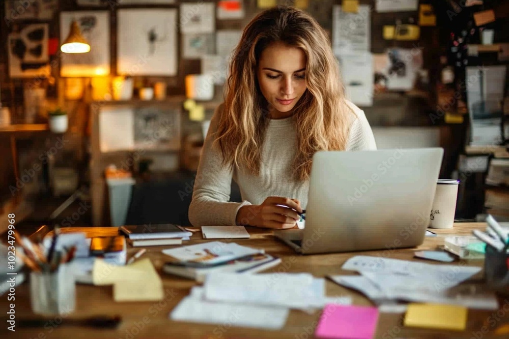 A freelance woman multitasking with a laptop A freelance woman multitasking with a laptop