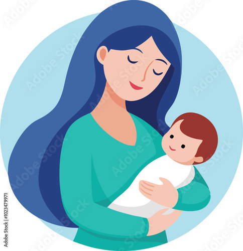 A minimalist vector illustration of a mother cradling a baby, symbolizing care, love, and the bond between mother and newborn.