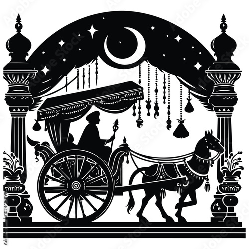 A monochrome illustration showcasing a traditional horse-drawn carriage, emphasizing its elegant design