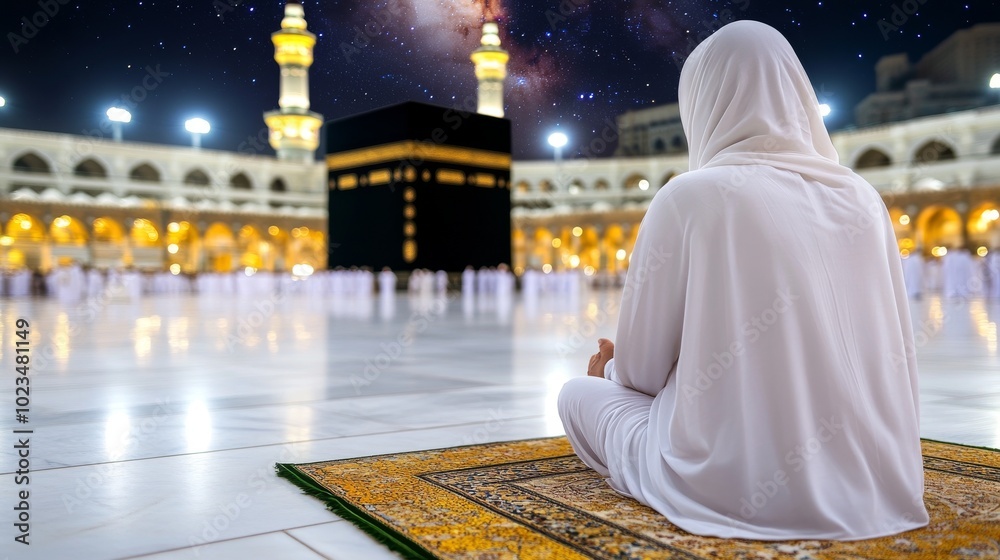 Muslim Woman and Man in White Thobes Praying on Prayer Mat Facing Mecca Muslim Woman and Man in White Thobes Praying on Prayer Mat Facing Mecca