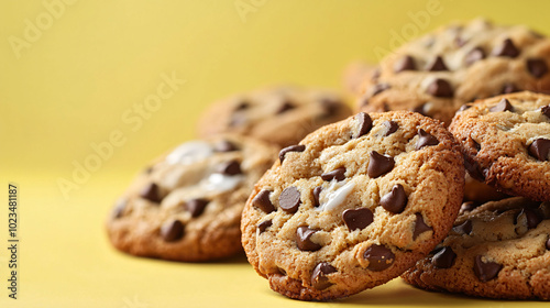 Delicious chocolate chip cookies stacked on vibrant yellow background, showcasing their golden brown texture and rich chocolate chips. Perfect for sweet treat!