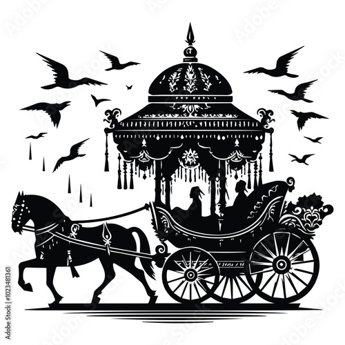 A monochrome illustration showcasing a traditional horse-drawn carriage, emphasizing its elegant design