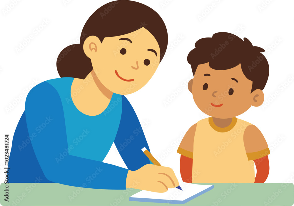 A vector illustration of a mother helping her child with homework, symbolizing education, support, and parentchild bonding. A vector illustration of a mother helping her child with homework, symbolizing education, support, and parentchild bonding.