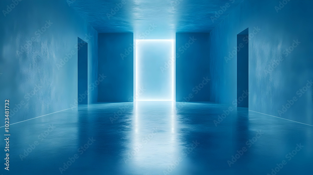 Fototapeta premium Blue Hallway with Light at the End 3D Illustration