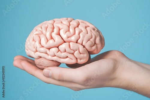 Holding the Brain in Hands Against Soft Blue Background