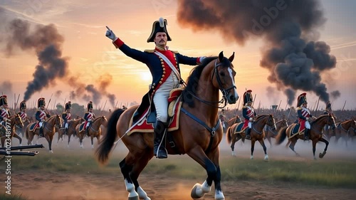 Napoleons French soldiers during a fierce confrontation at sunset with cavalry charging and smoke rising in the background