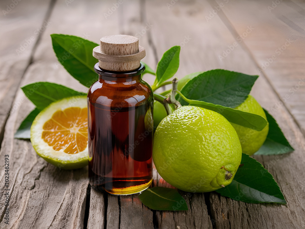 Bottle of bergamot essential oil standing on a rustic wooden surface surrounded by fresh bergamot fruit and leaves Bottle of bergamot essential oil standing on a rustic wooden surface surrounded by fresh bergamot fruit and leaves