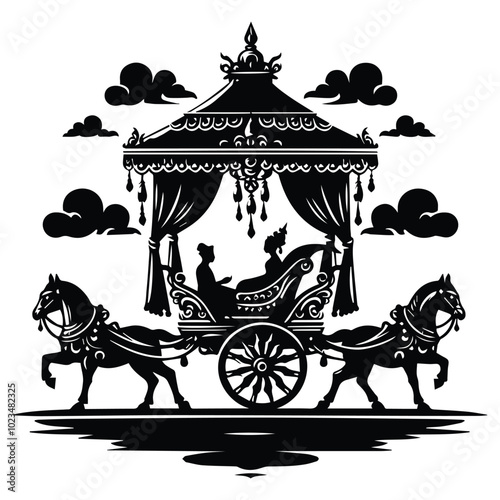 A monochrome illustration showcasing a traditional horse-drawn carriage, emphasizing its elegant design