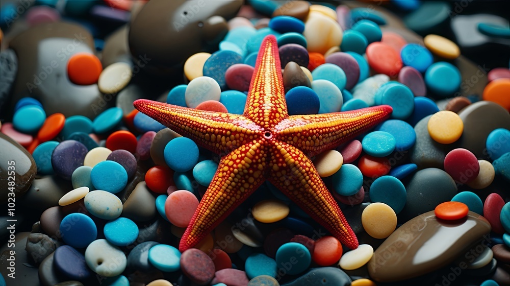 A vibrant starfish, adorned with a bold yellow and red pattern, rests on a bed of smooth, colorful stones, a symphony of textures and hues representing the beauty of the ocean floor. A vibrant starfish, adorned with a bold yellow and red pattern, rests on a bed of smooth, colorful stones, a symphony of textures and hues representing the beauty of the ocean floor.