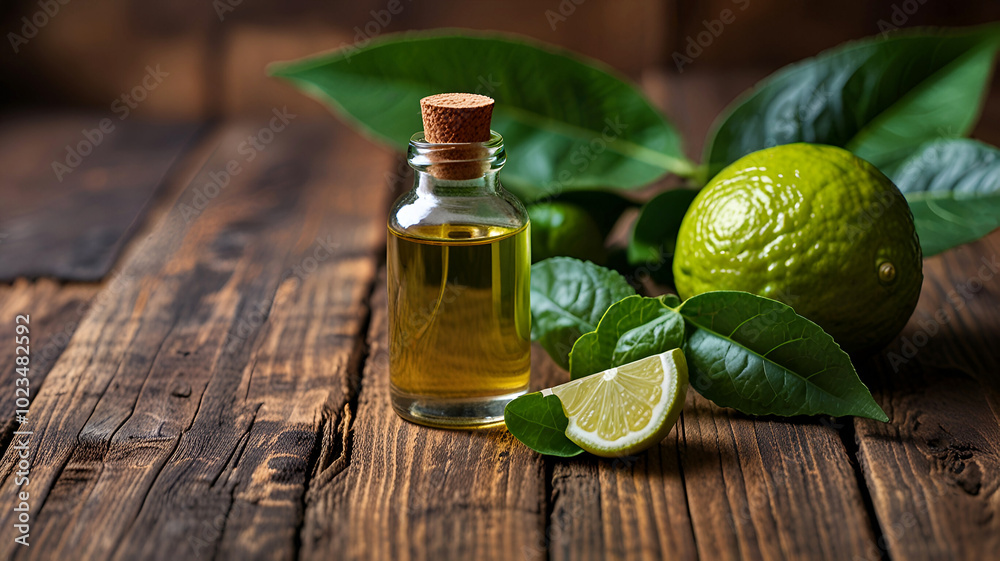 Bottle of bergamot essential oil standing on a rustic wooden surface surrounded by fresh bergamot fruit and leaves Bottle of bergamot essential oil standing on a rustic wooden surface surrounded by fresh bergamot fruit and leaves