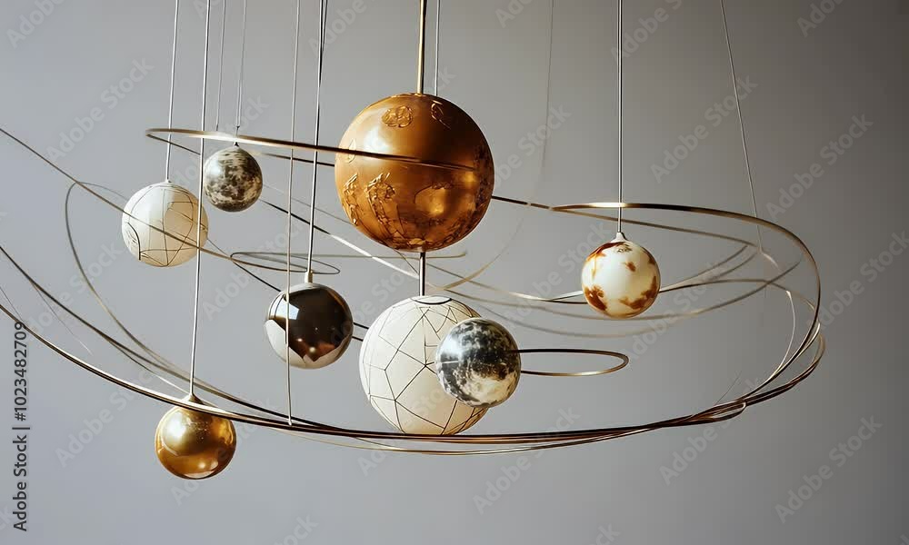 A decorative mobile featuring stylized planets and orbits, symbolizing space and creativity. A decorative mobile featuring stylized planets and orbits, symbolizing space and creativity.