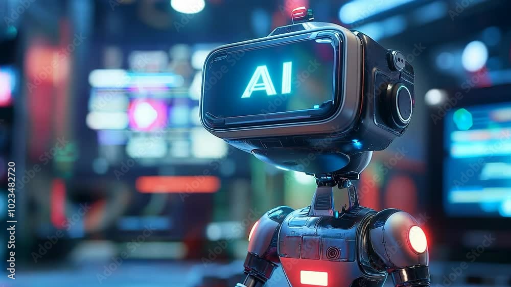 Futuristic AI Robot in High-Tech Neon Lit Environment