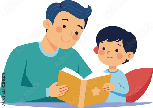 A vector illustration of a father reading a book to his son, symbolizing family bonding, education, and storytelling.
