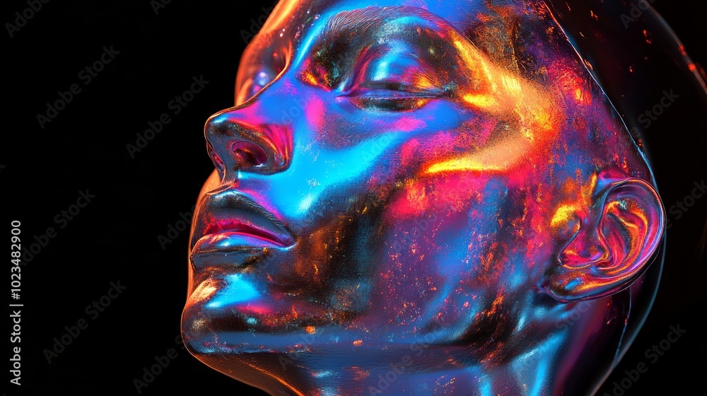 A close-up of a metallic female face sculpture illuminated with vibrant colors. A close-up of a metallic female face sculpture illuminated with vibrant colors.