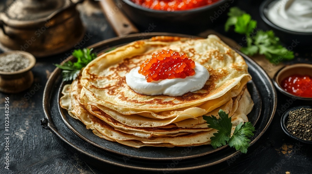 Delicate golden crepes stacked on a rustic plate, topped with a dollop of sour cream and vibrant red caviar, surrounded by herbs and spices on dark surface. Delicate golden crepes stacked on a rustic plate, topped with a dollop of sour cream and vibrant red caviar, surrounded by herbs and spices on dark surface.