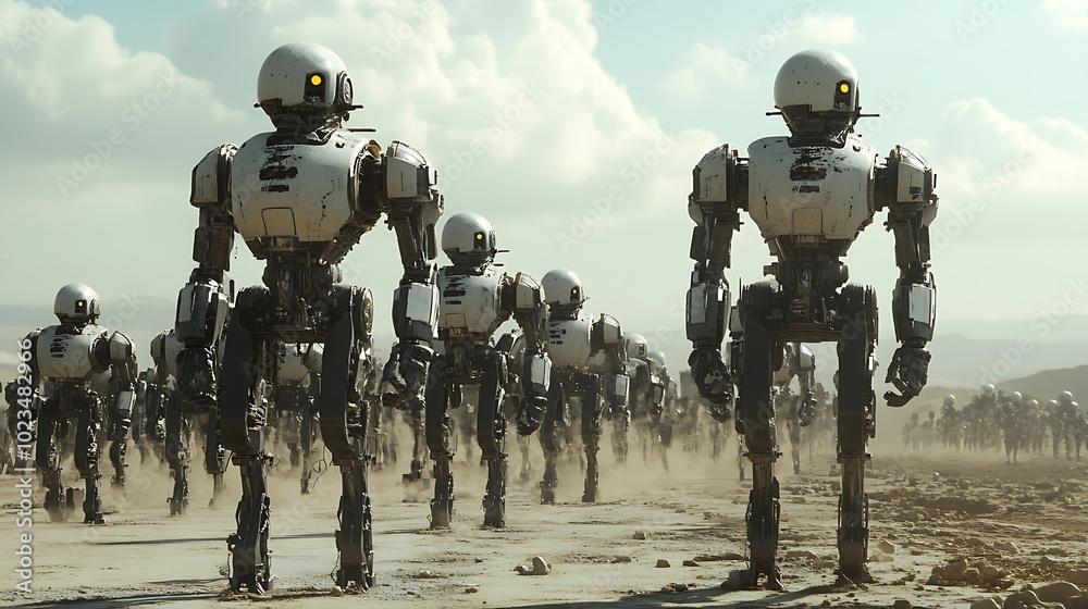 A group of humanoid robots walking across a dusty landscape under a cloudy sky. A group of humanoid robots walking across a dusty landscape under a cloudy sky.