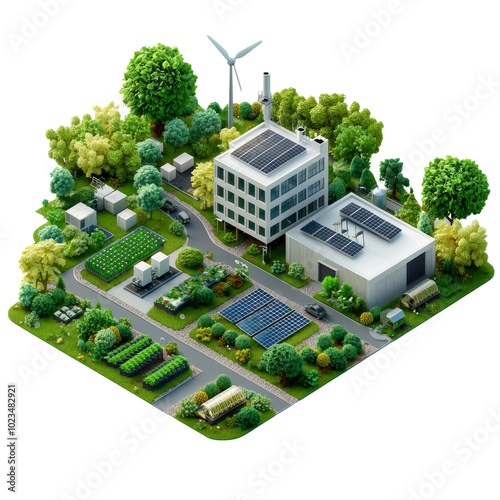 isometric view of a green eco sustainable city with solar panel model 3d concept , isolated on PNG transparent background.