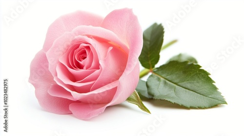 Delicate pink rose blossom with soft petals and vibrant green leaves, isolated on white background. Symbol of love, beauty, and romance.