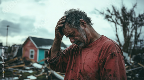 Devastated man standing amid ruins after a natural disaster in a destroyed town