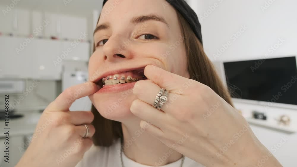 Teenager with braces on teeth. Happy girl smiling and showing dental mini screws. Health care and medical concept. Close-up. Teenager with braces on teeth. Happy girl smiling and showing dental mini screws. Health care and medical concept. Close-up.