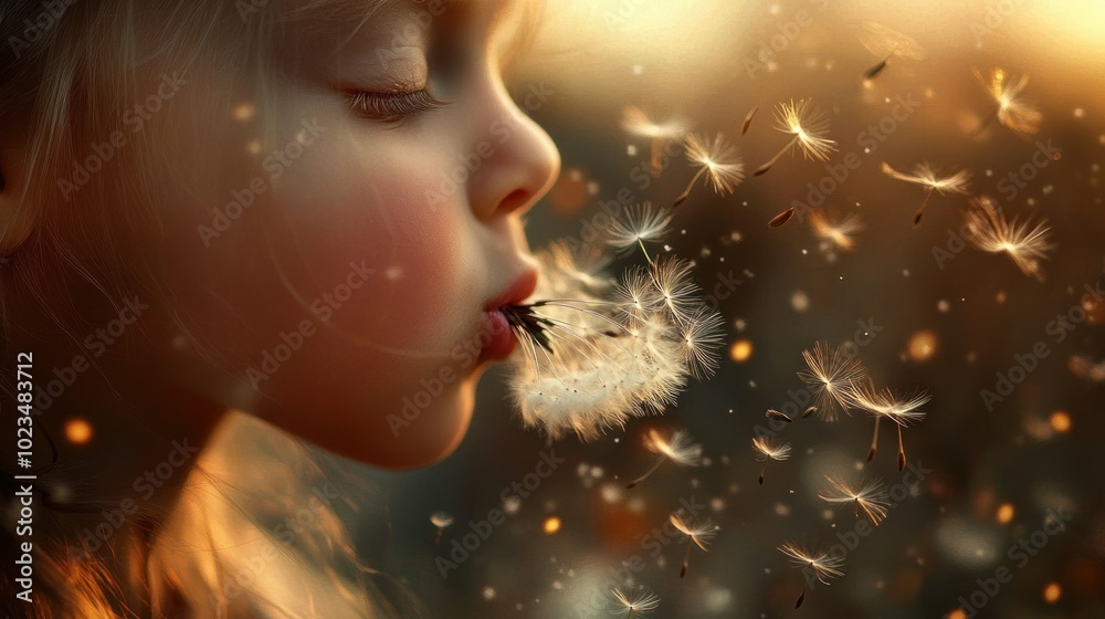Young girl blowing dandelion seeds in the sunlight Young girl blowing dandelion seeds in the sunlight