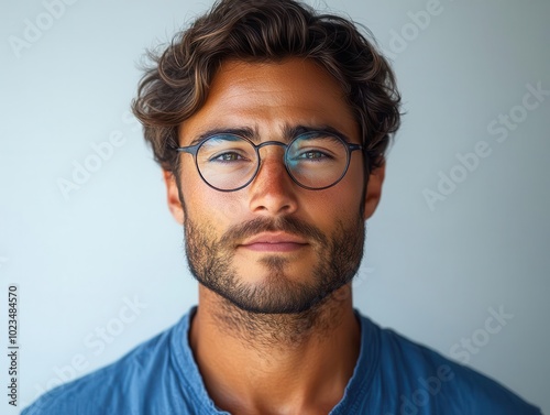 close-up portrait of a sophisticated young man with glasses, dressed neatly in a blue shirt, set against a bright white background, emphasizing modernity and style