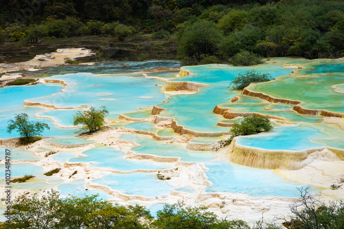 Huanglong's colorful pools (Five-color pools) in autumn.