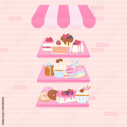 Sweet bakery shop on brick wall background