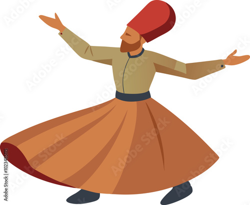 A vector illustration of a whirling dervish in traditional attire, symbolizing spirituality, dance, and cultural heritage.