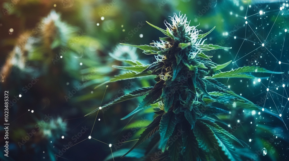 Fototapeta premium Vibrant cannabis bud with crystalline trichomes glistening under macro lens, surrounded by ethereal network of light points, evoking cosmic connection to nature.