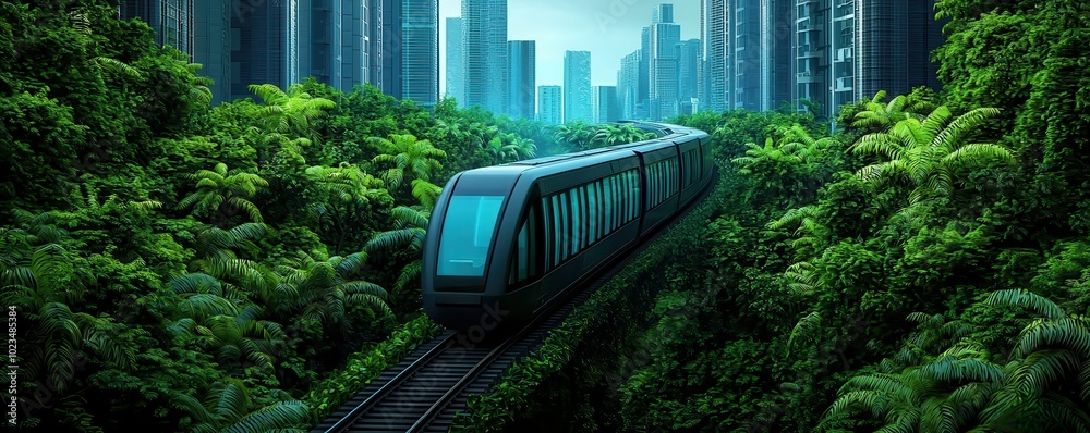 A futuristic train moves through a lush, green landscape surrounded by towering city skyscrapers, merging technology with nature. A futuristic train moves through a lush, green landscape surrounded by towering city skyscrapers, merging technology with nature.