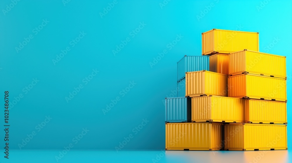 Colorful Shipping Containers Stacked on Blue Background Colorful Shipping Containers Stacked on Blue Background