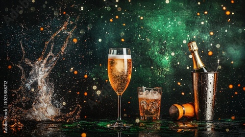 Festive celebration scene with champagne flute, cocktail, and bottle in ice bucket against a sparkling green background with golden bokeh lights. photo