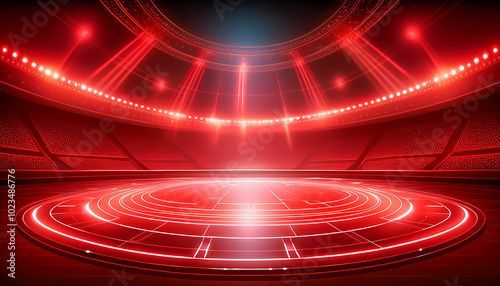Abstract red lighting tech background stadium stage hall with scenic lights of round futuristic technology half black vector empty stage spotlight background.Generative AI