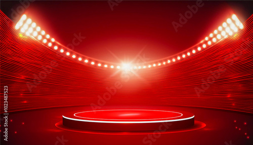 Abstract red lighting tech background stadium stage hall with scenic lights of round futuristic technology half black vector empty stage spotlight background.Generative AI
