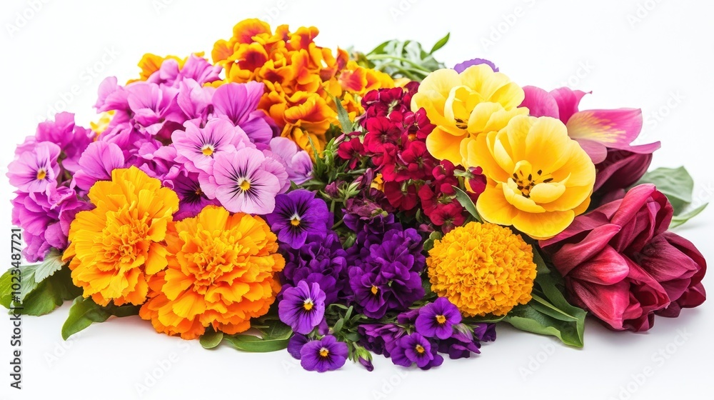 A colorful array of garden flowers, including marigolds, violets, and tulips, isolated on a white background with transparent PNG for seamless use. A colorful array of garden flowers, including marigolds, violets, and tulips, isolated on a white background with transparent PNG for seamless use.