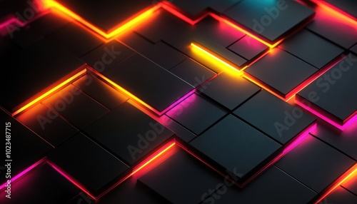 Abstract Pattern of Black Squares with Neon Glowing Lines