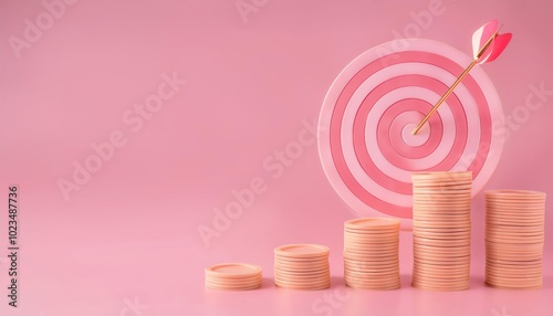 Financial Growth and Success:  3D rendering of upward trending graph with stacks of coins and bullseye target