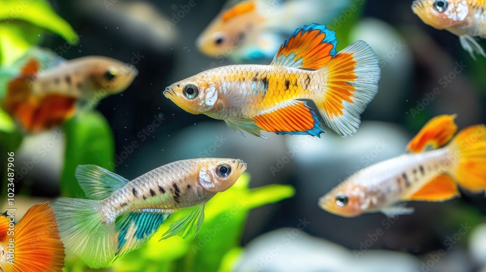 Fototapeta premium A group of guppy fish swimming together in an aquarium filled with plants and rocks, creating a lively and colorful scene.