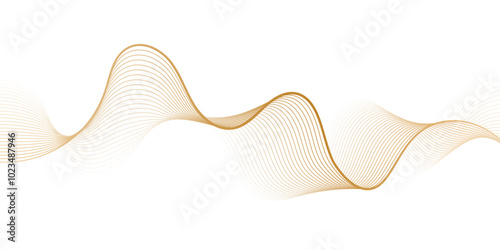 Abstract gold wave dynamic curve lines on transparent background with flowing particles. Digital energy waves technology concept. Modern backdrop design for business, presentation, banner.