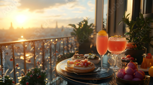 Sunset Cityscape Balcony with Drinks and Snacks - Digital Illustration