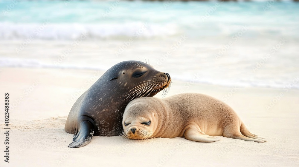 Fototapeta premium A mother seal and her pup cuddled together on a sandy beach, creating a heartwarming scene of marine wildlife.