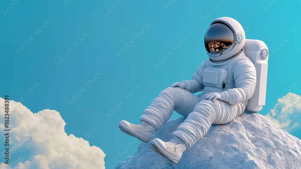 Silver Astronaut Riding on Top of an Icy Mountain with White Clouds Silver Astronaut Riding on Top of an Icy Mountain with White Clouds