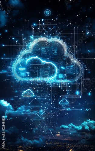 Futuristic cloud computing concept with glowing data connections on a dark blue background.