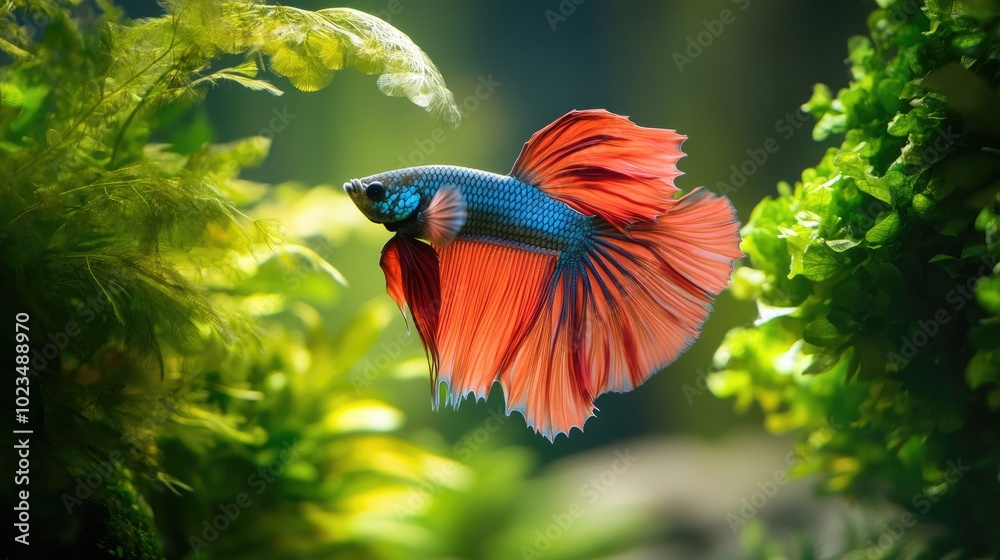 Beautiful guppy fish swimming among lush green plants in an aquarium, their colors contrasting with the natural surroundings. Beautiful guppy fish swimming among lush green plants in an aquarium, their colors contrasting with the natural surroundings.