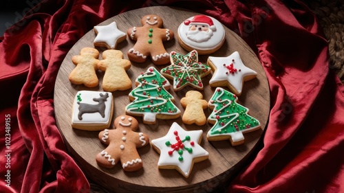 Festive decorated cookies on a wooden plate with a red cloth background. photo