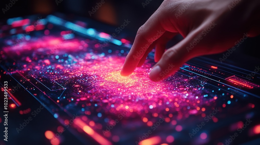 A futuristic hand interacts with a vibrant, glowing digital display, showcasing an array of colorful particles in a cosmic pattern. A futuristic hand interacts with a vibrant, glowing digital display, showcasing an array of colorful particles in a cosmic pattern.